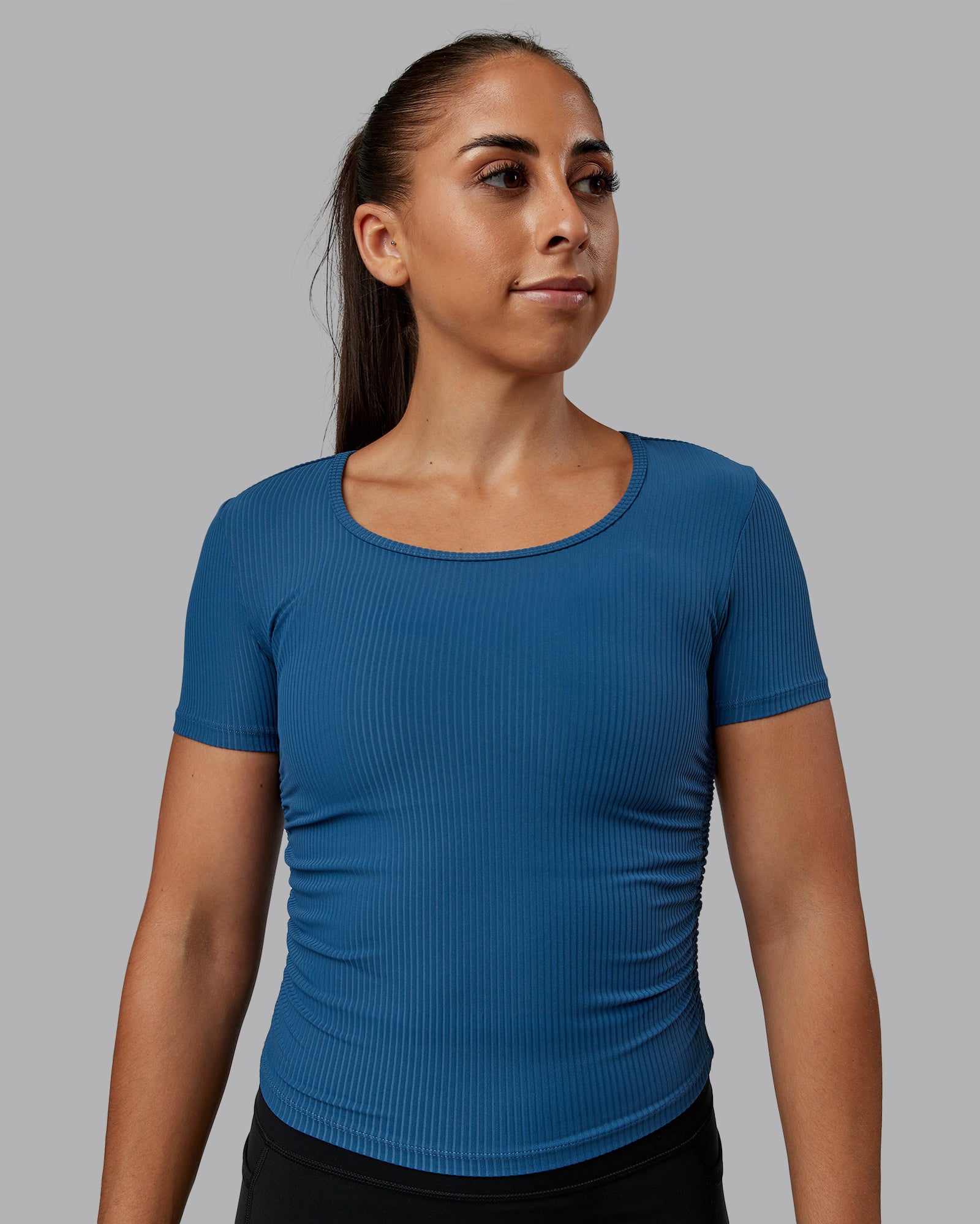 Ignite Ribbed Scrunch Side Cropped Tee - Indigo