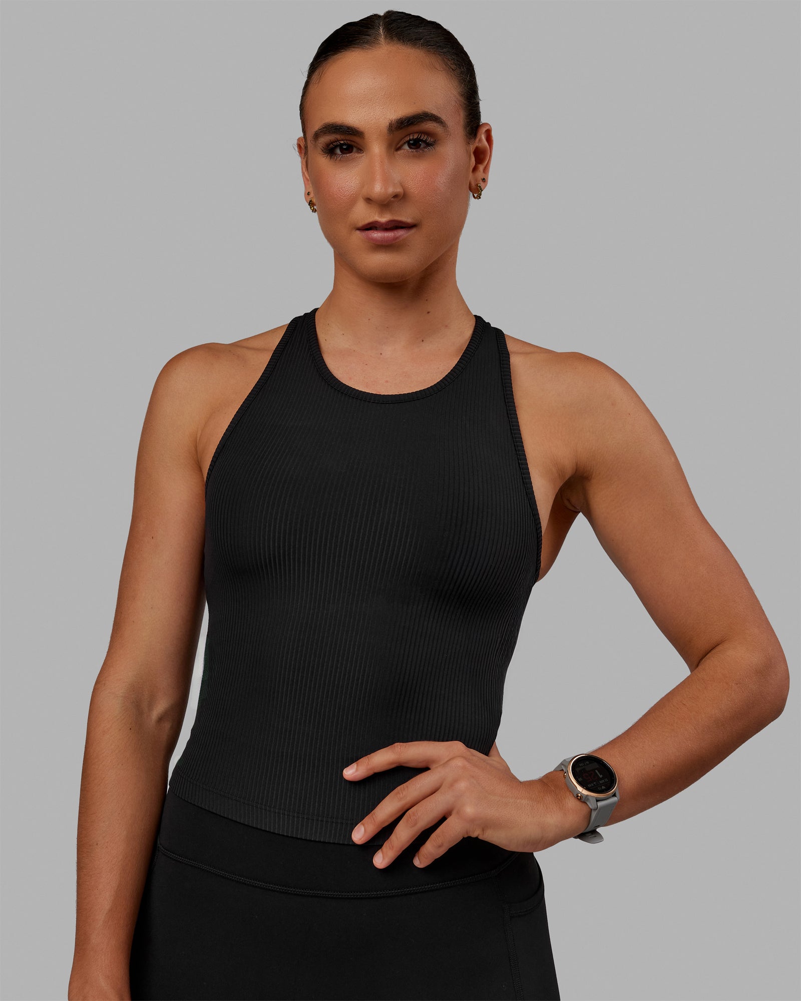 Luxe Ribbed Flow Performance Tank with Shelf Bra - Black